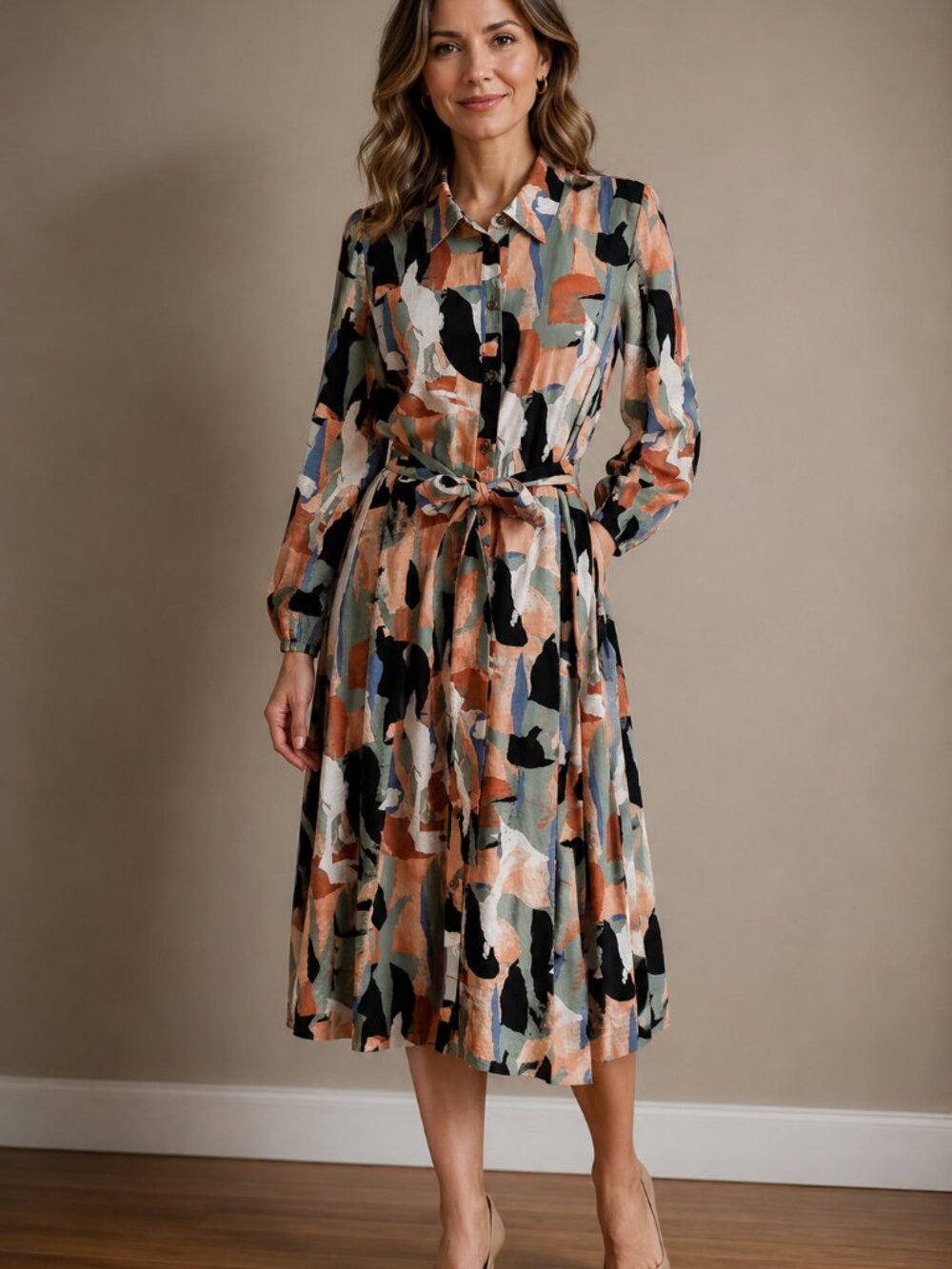 Nine West Abstract Print Belted Shirt Dress - Midi (Lg 12-14)